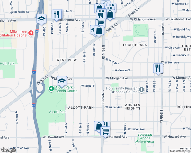 map of restaurants, bars, coffee shops, grocery stores, and more near 9240 West Morgan Avenue in Milwaukee