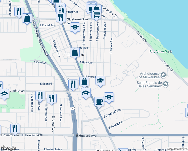 map of restaurants, bars, coffee shops, grocery stores, and more near 2522 East Morgan Avenue in Milwaukee