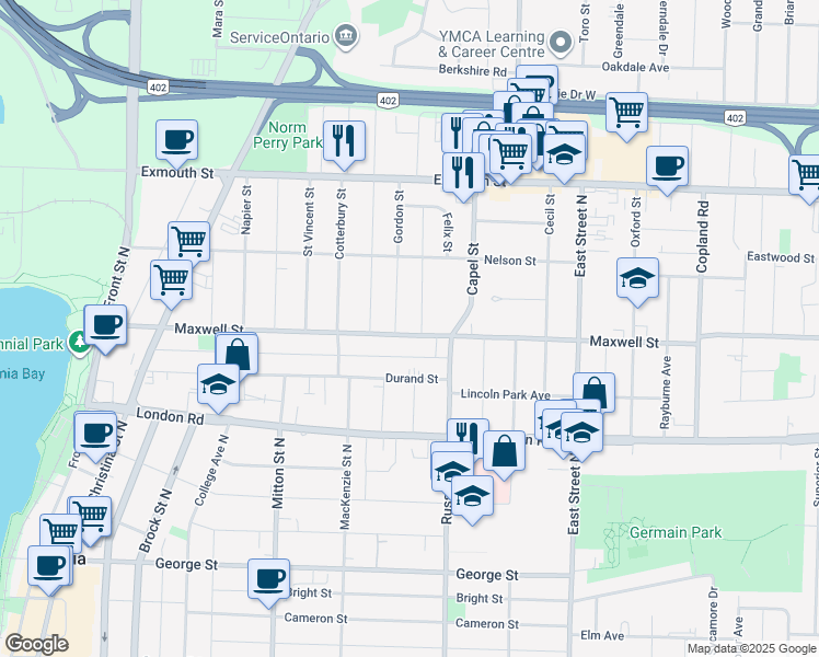 map of restaurants, bars, coffee shops, grocery stores, and more near 384 Maxwell Street in Sarnia