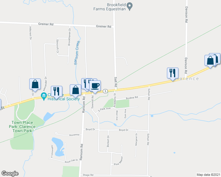 map of restaurants, bars, coffee shops, grocery stores, and more near 10748 Main Street in Clarence
