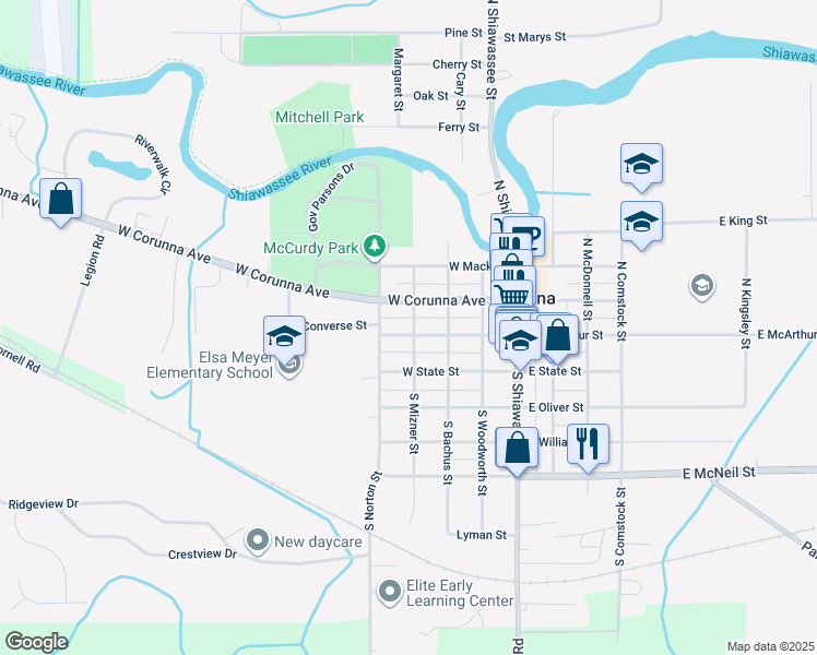 map of restaurants, bars, coffee shops, grocery stores, and more near 324 West McArthur Street in Corunna