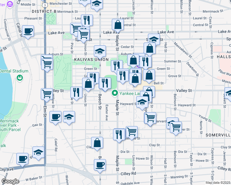 map of restaurants, bars, coffee shops, grocery stores, and more near 375 Valley Street in Manchester