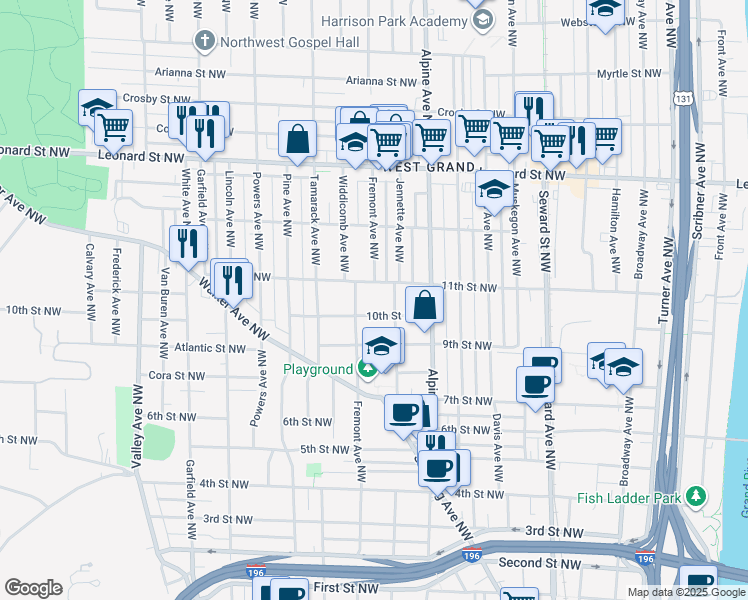 map of restaurants, bars, coffee shops, grocery stores, and more near 865 10th Street Northwest in Grand Rapids