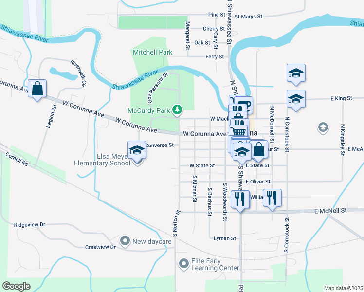map of restaurants, bars, coffee shops, grocery stores, and more near 418 West McArthur Street in Corunna