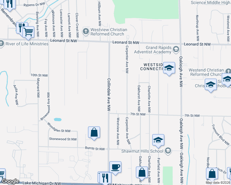 map of restaurants, bars, coffee shops, grocery stores, and more near 901 Carpenter Avenue Northwest in Grand Rapids