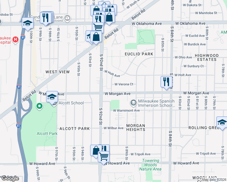 map of restaurants, bars, coffee shops, grocery stores, and more near 9024 West Morgan Avenue in Milwaukee
