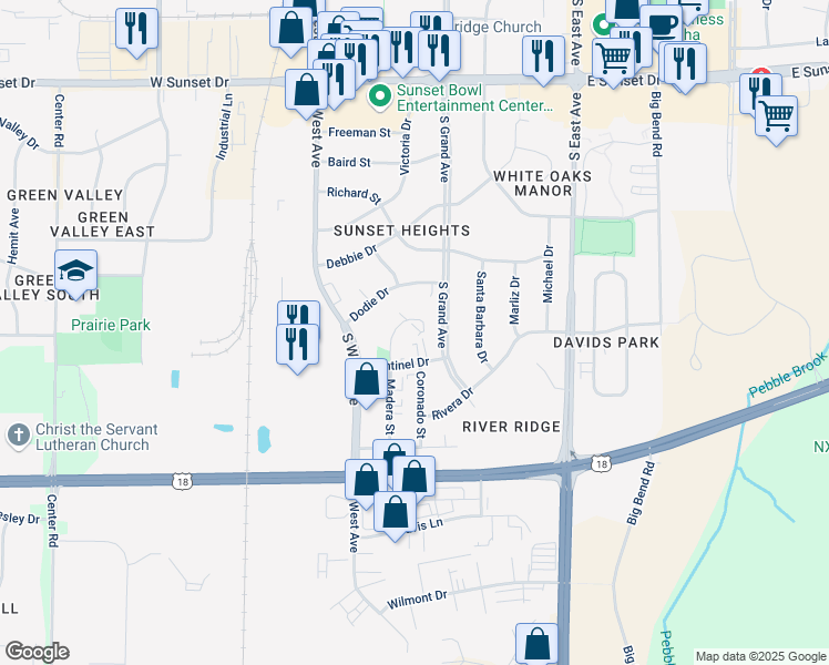 map of restaurants, bars, coffee shops, grocery stores, and more near 1918 South Grand Avenue in Waukesha