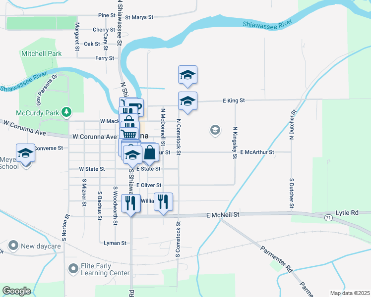 map of restaurants, bars, coffee shops, grocery stores, and more near 403 East McArthur Street in Corunna