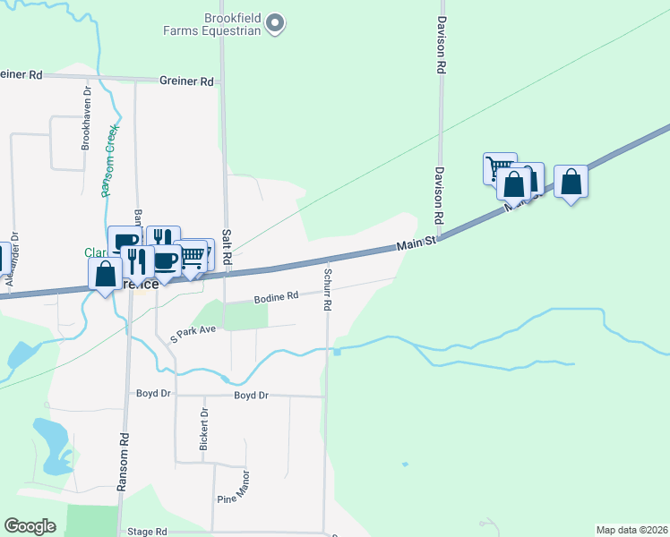 map of restaurants, bars, coffee shops, grocery stores, and more near 10885 Main Street in Clarence