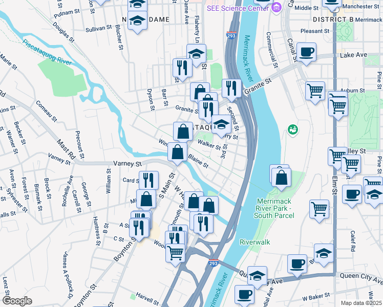 map of restaurants, bars, coffee shops, grocery stores, and more near 140 South Main Street in Manchester