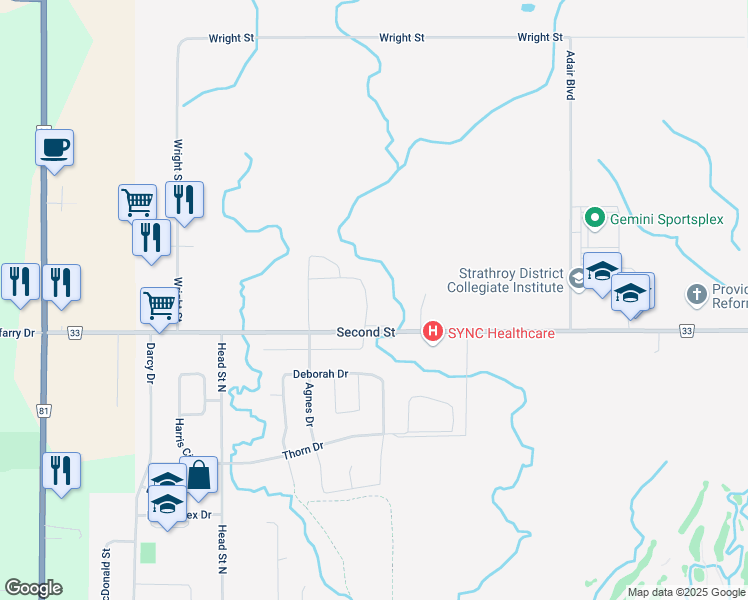 map of restaurants, bars, coffee shops, grocery stores, and more near 239 Rushby Street in Strathroy