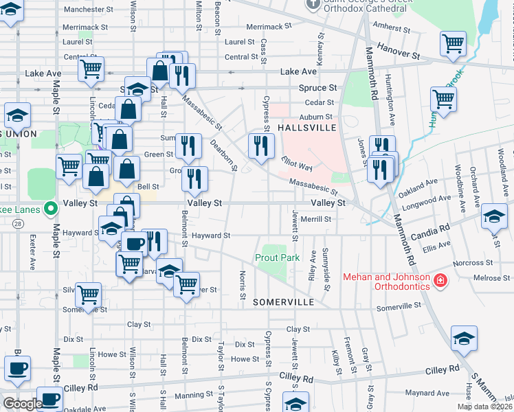 map of restaurants, bars, coffee shops, grocery stores, and more near 887 Valley Street in Manchester