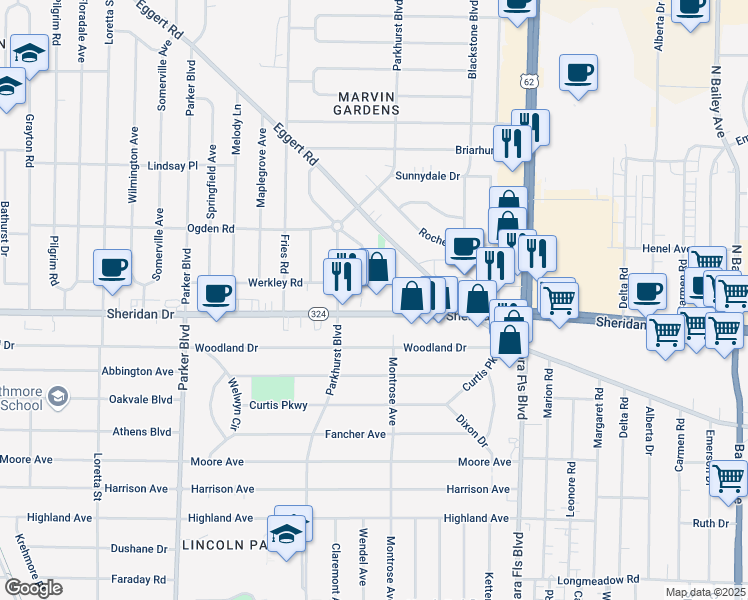 map of restaurants, bars, coffee shops, grocery stores, and more near 2808 Sheridan Drive in Tonawanda Town