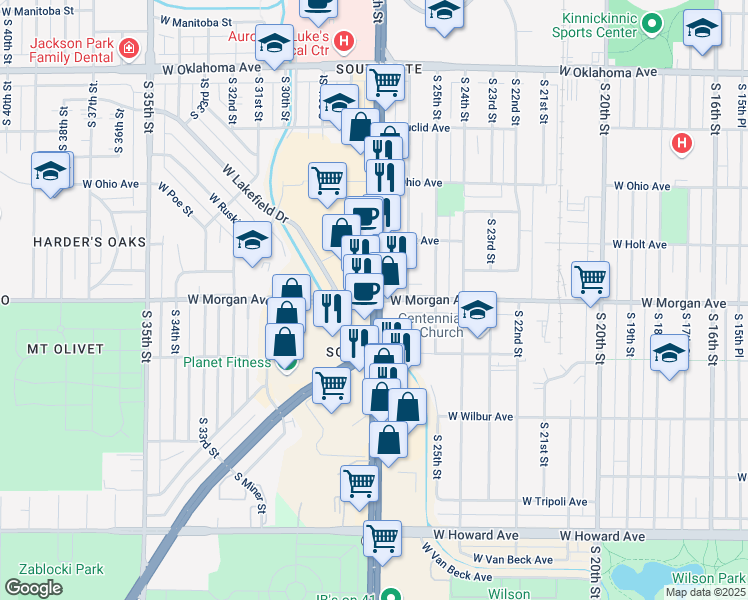 map of restaurants, bars, coffee shops, grocery stores, and more near South 27th Street & West Morgan Avenue in Milwaukee