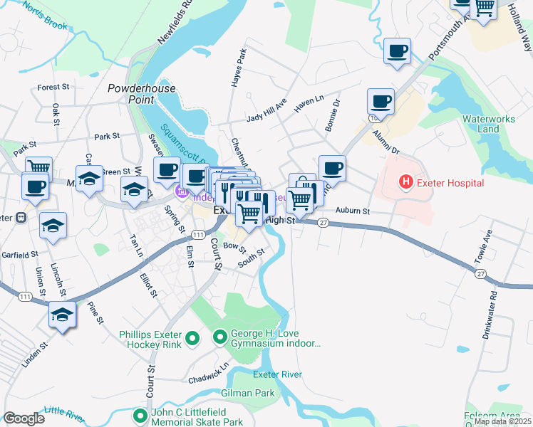 map of restaurants, bars, coffee shops, grocery stores, and more near 6 Franklin Street in Exeter