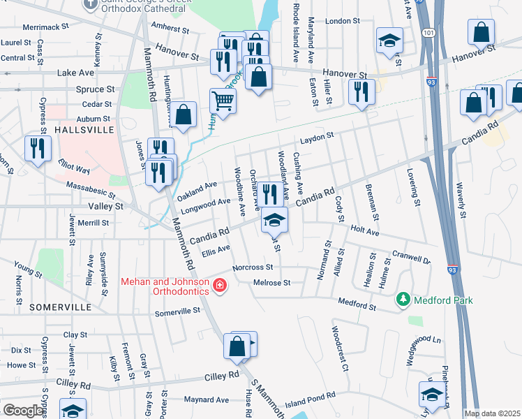 map of restaurants, bars, coffee shops, grocery stores, and more near 202 Candia Road in Manchester