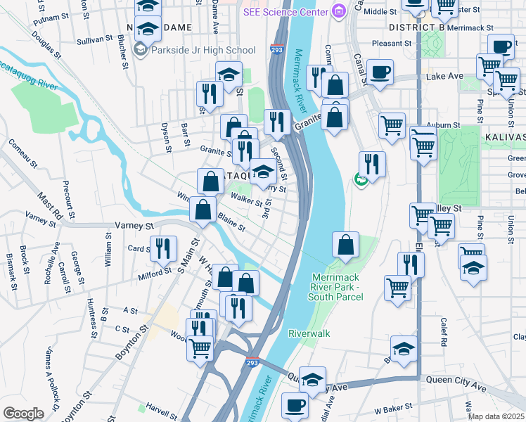 map of restaurants, bars, coffee shops, grocery stores, and more near 118 3rd Street in Manchester