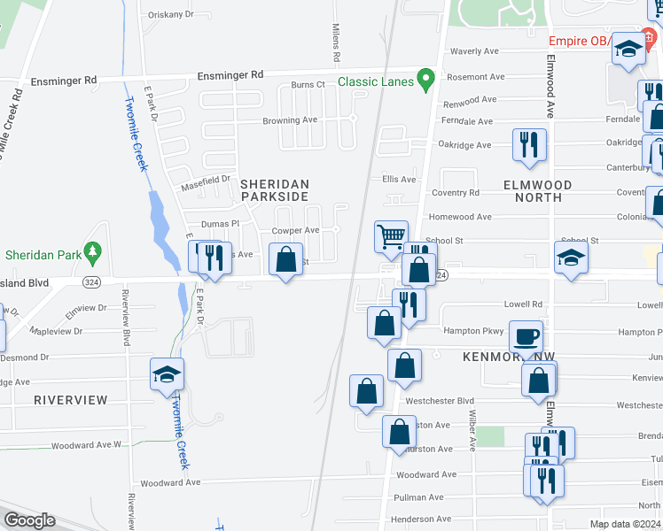 map of restaurants, bars, coffee shops, grocery stores, and more near 101-111 Cobb Street in Tonawanda
