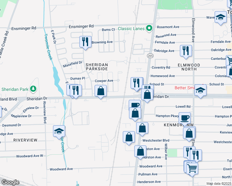 map of restaurants, bars, coffee shops, grocery stores, and more near 101-111 Cobb Street in Tonawanda