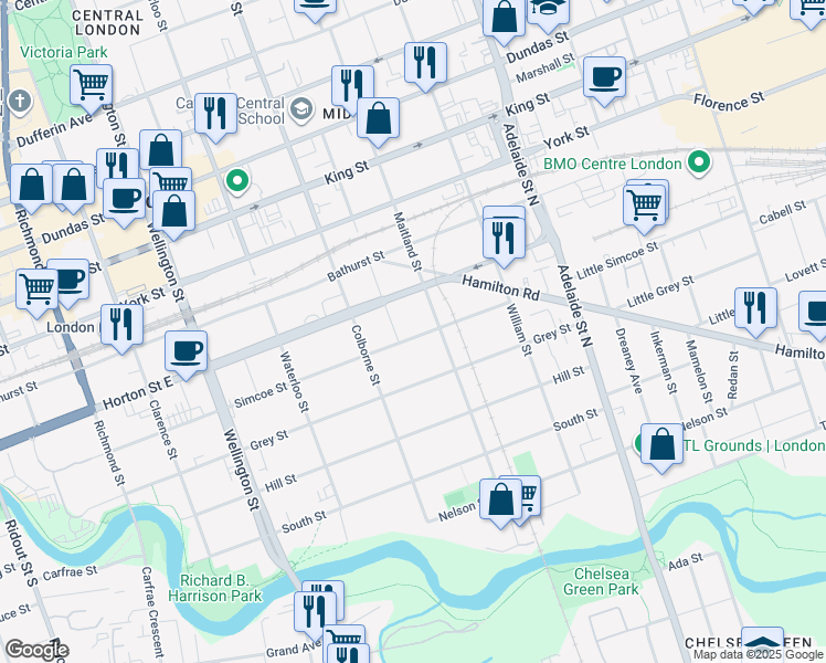 map of restaurants, bars, coffee shops, grocery stores, and more near 423 Simcoe Street in London