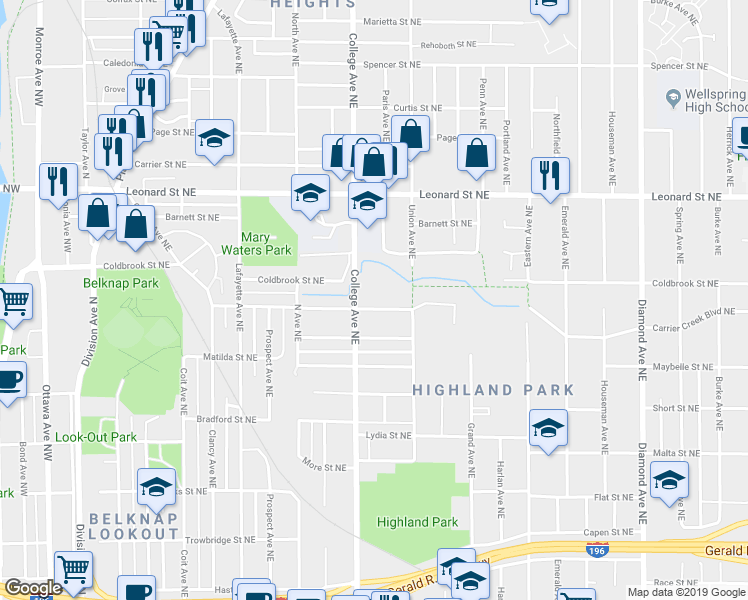 map of restaurants, bars, coffee shops, grocery stores, and more near 527 Cedar Street Northeast in Grand Rapids