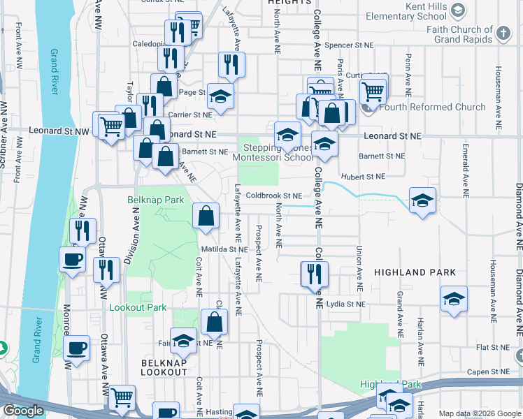map of restaurants, bars, coffee shops, grocery stores, and more near 342 Cedar Street Northeast in Grand Rapids