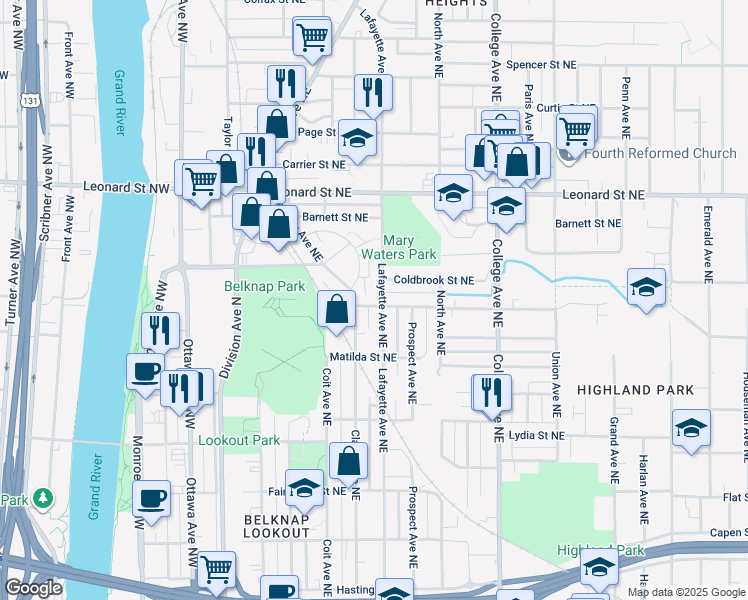 map of restaurants, bars, coffee shops, grocery stores, and more near in Grand Rapids