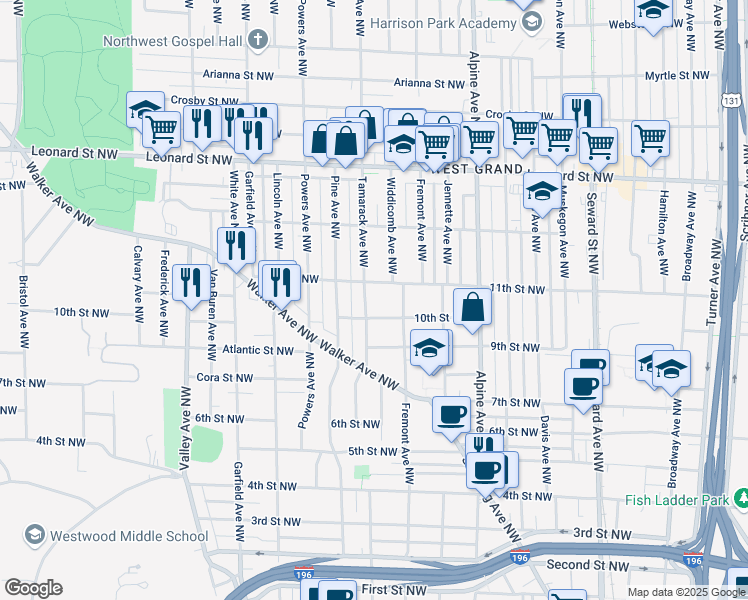 map of restaurants, bars, coffee shops, grocery stores, and more near 919 10th Street Northwest in Grand Rapids