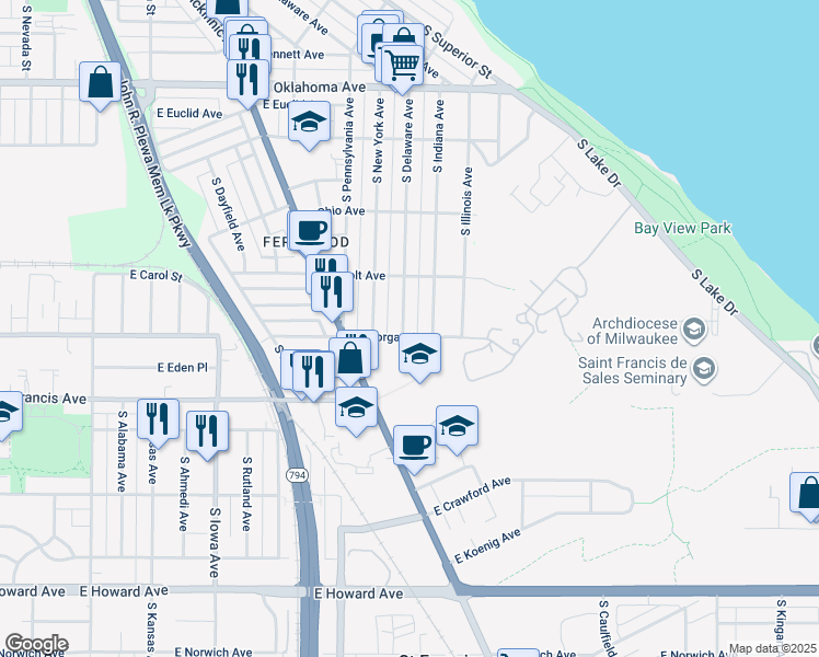 map of restaurants, bars, coffee shops, grocery stores, and more near 2522 East Morgan Avenue in Milwaukee