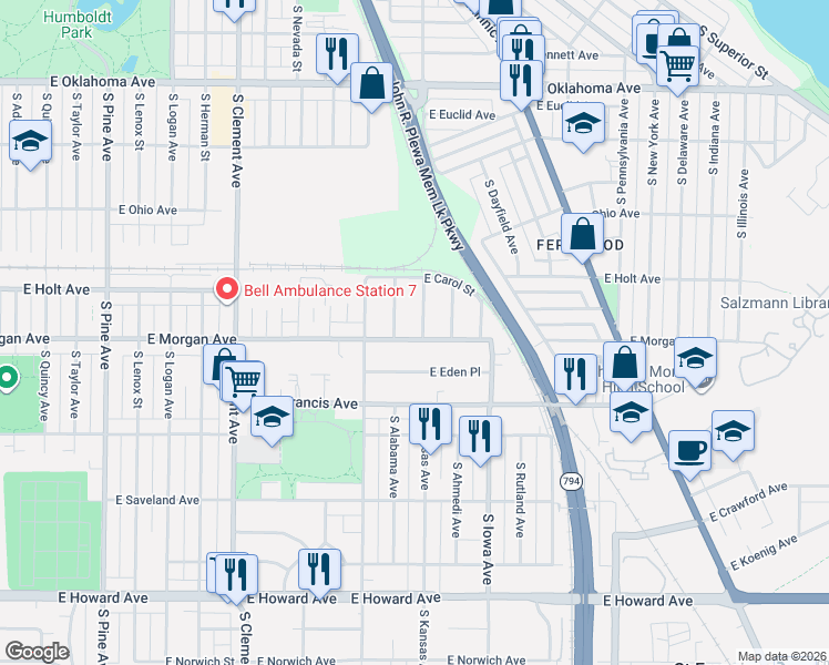 map of restaurants, bars, coffee shops, grocery stores, and more near 3478 South Alabama Avenue in Milwaukee
