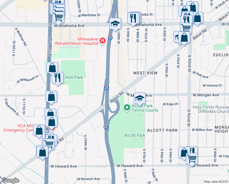 map of restaurants, bars, coffee shops, grocery stores, and more near Beloit Road in Greenfield