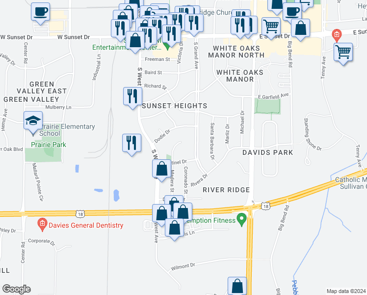 map of restaurants, bars, coffee shops, grocery stores, and more near 1918 South Grand Avenue in Waukesha