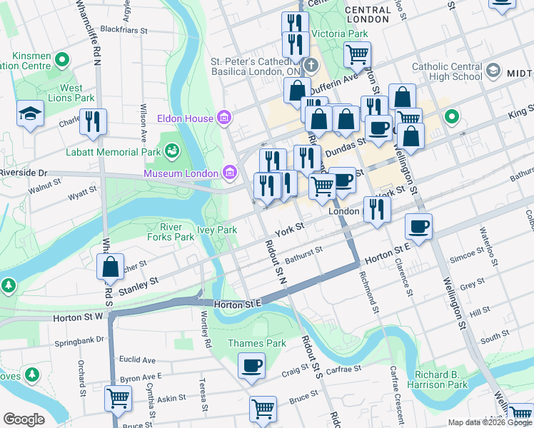 map of restaurants, bars, coffee shops, grocery stores, and more near 71 King Street in London