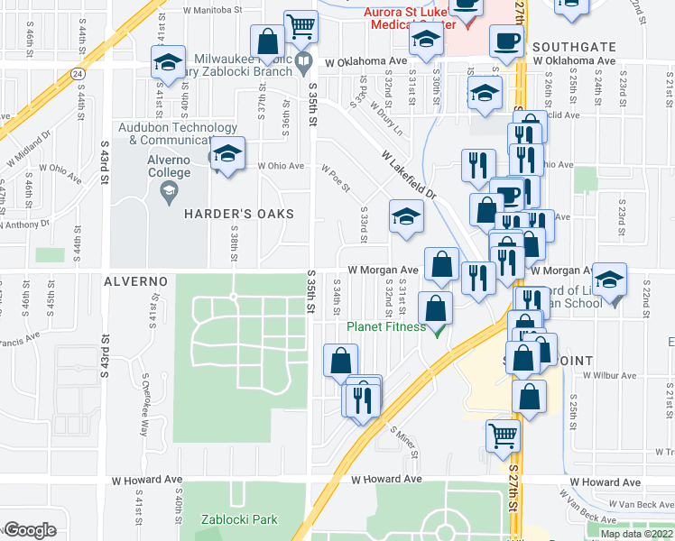 map of restaurants, bars, coffee shops, grocery stores, and more near W Morgan Ave & S 34th St in Milwaukee