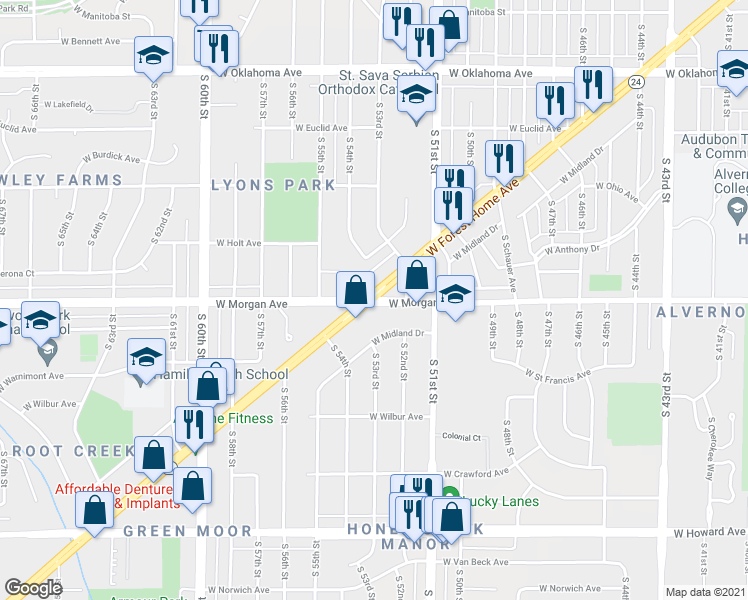 map of restaurants, bars, coffee shops, grocery stores, and more near West Forest Home Avenue in Milwaukee