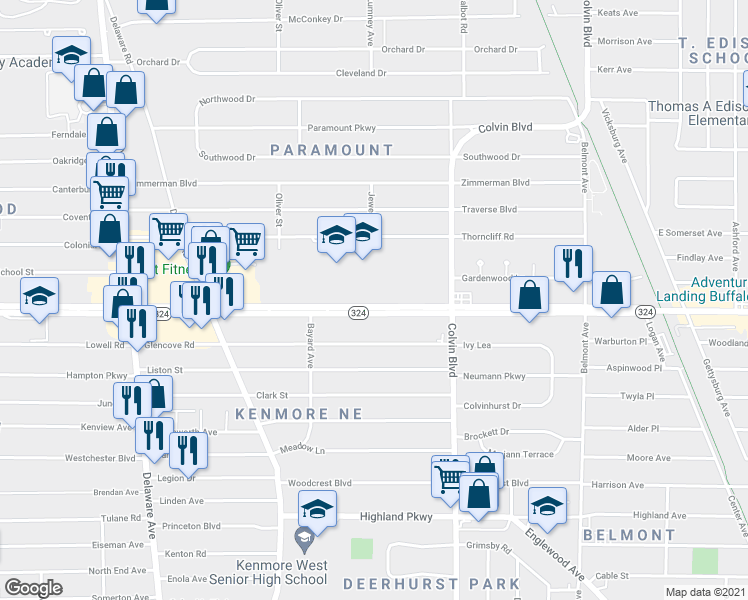 map of restaurants, bars, coffee shops, grocery stores, and more near 1950 Sheridan Drive in Erie County