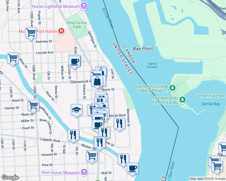 map of restaurants, bars, coffee shops, grocery stores, and more near 627 Fort Street in Port Huron
