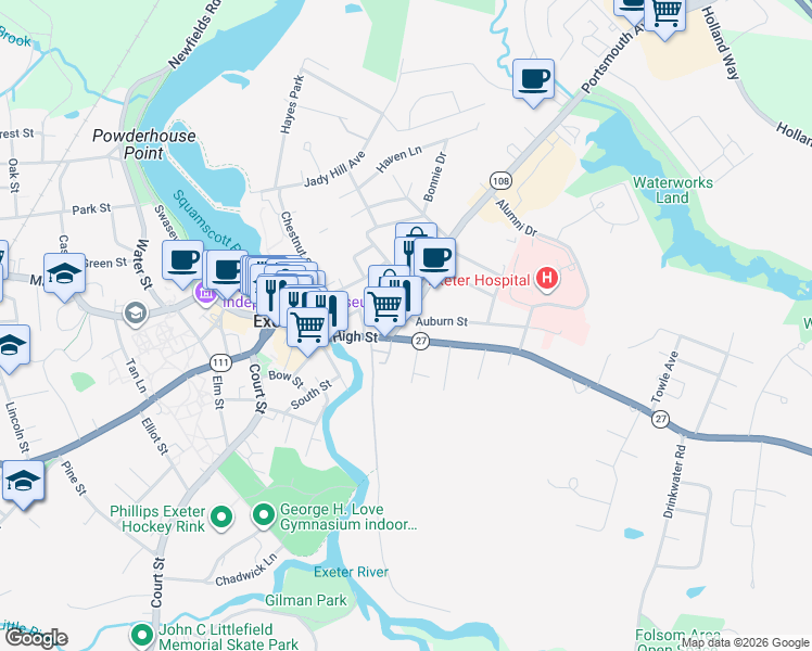 map of restaurants, bars, coffee shops, grocery stores, and more near 50 High Street in Exeter