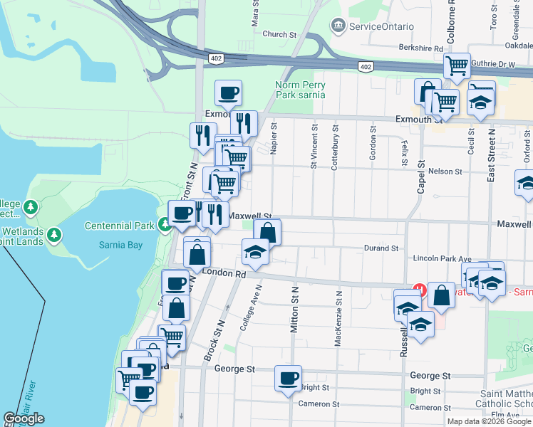 map of restaurants, bars, coffee shops, grocery stores, and more near 236 Maxwell Street in Sarnia