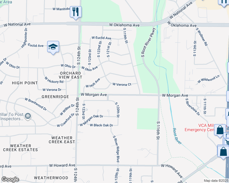 map of restaurants, bars, coffee shops, grocery stores, and more near 12020 West Morgan Avenue in Milwaukee