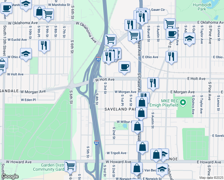 map of restaurants, bars, coffee shops, grocery stores, and more near 200 West Morgan Avenue in Milwaukee