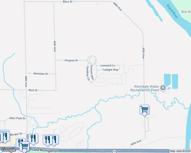 map of restaurants, bars, coffee shops, grocery stores, and more near 4341 Twilight Way in Allendale