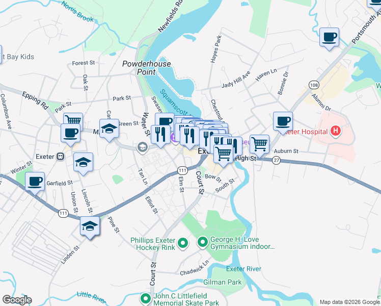 map of restaurants, bars, coffee shops, grocery stores, and more near 130 Water Street in Exeter