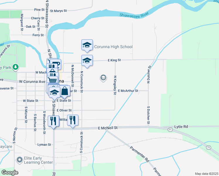 map of restaurants, bars, coffee shops, grocery stores, and more near 485 East McArthur Street in Corunna