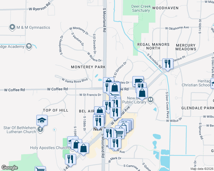 map of restaurants, bars, coffee shops, grocery stores, and more near 3474 County Road O in New Berlin