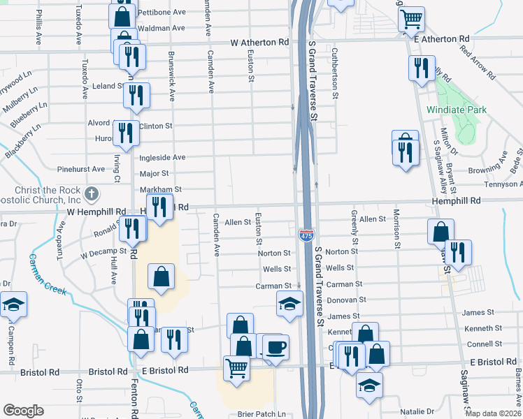 map of restaurants, bars, coffee shops, grocery stores, and more near 1215 Allen Street in Burton