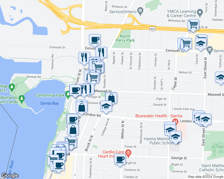 map of restaurants, bars, coffee shops, grocery stores, and more near 240 Maxwell Street in Sarnia