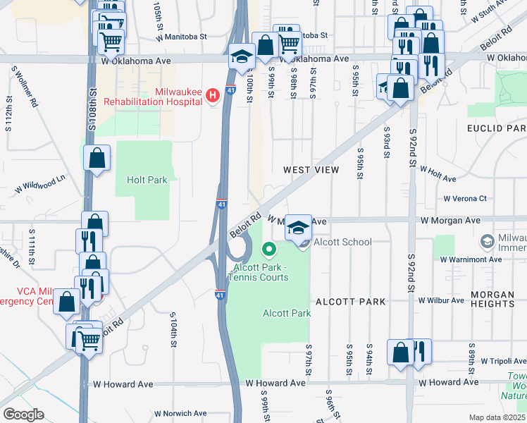 map of restaurants, bars, coffee shops, grocery stores, and more near W Beloit Rd & W Morgan Ave in Milwaukee
