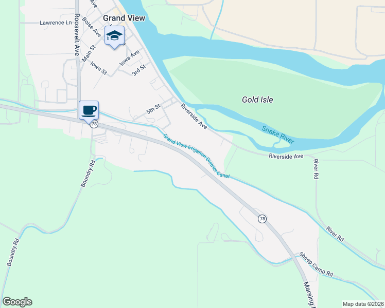 map of restaurants, bars, coffee shops, grocery stores, and more near 625 Idaho 78 in Grand View