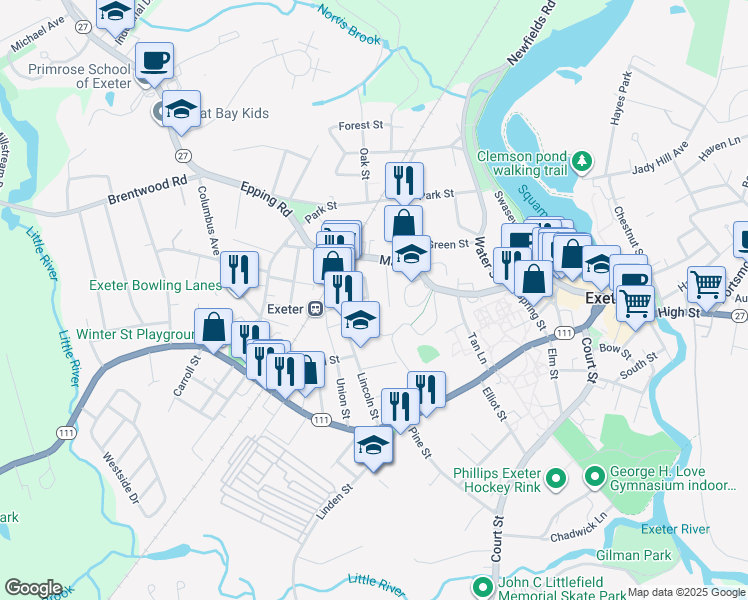 map of restaurants, bars, coffee shops, grocery stores, and more near 21 Ash Street in Exeter